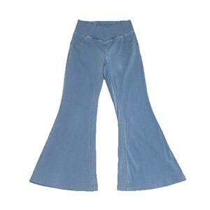Halara Flex Jeans Womens M Petite Blue Crossover Waist Flared Boho Stretch Denim
